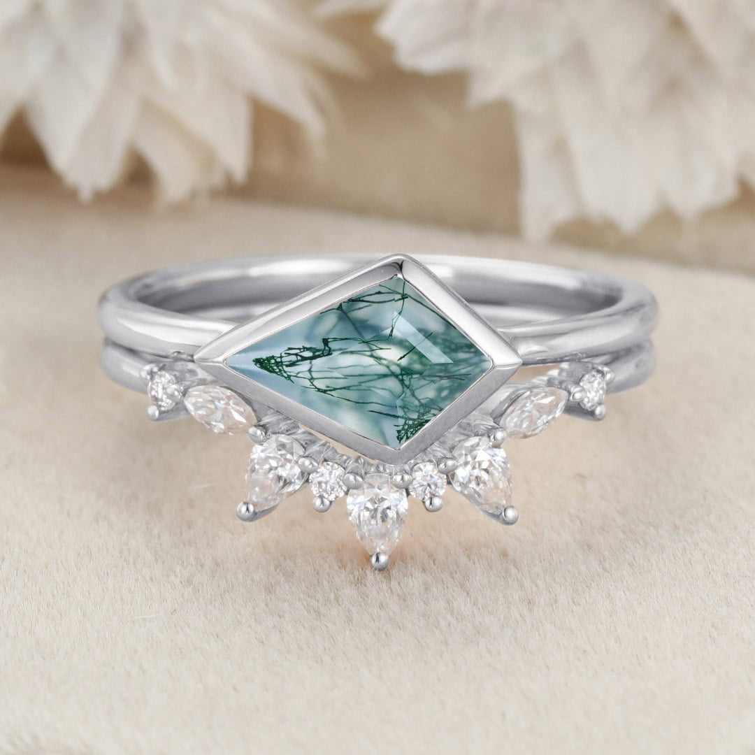 Bezel Set Kite Cut Natural Moss Agate Ring Solitaire Ring East West Bezel Engagement Ring Set Rose Gold Stacking Pear Diamond Wedding Ring Gift