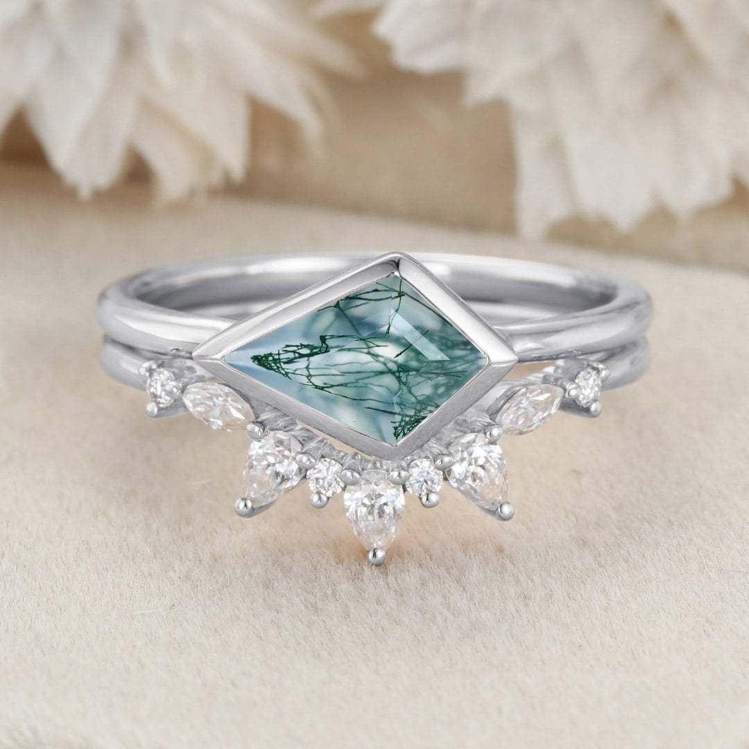 Bezel Set Kite Cut Natural Moss Agate Ring Solitaire Ring East West Bezel Engagement Ring Set Rose Gold Stacking Pear Diamond Wedding Ring Gift