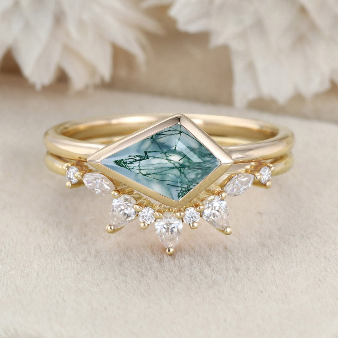 Bezel Set Kite Cut Natural Moss Agate Ring Solitaire Ring East West Bezel Engagement Ring Set Rose Gold Stacking Pear Diamond Wedding Ring Gift