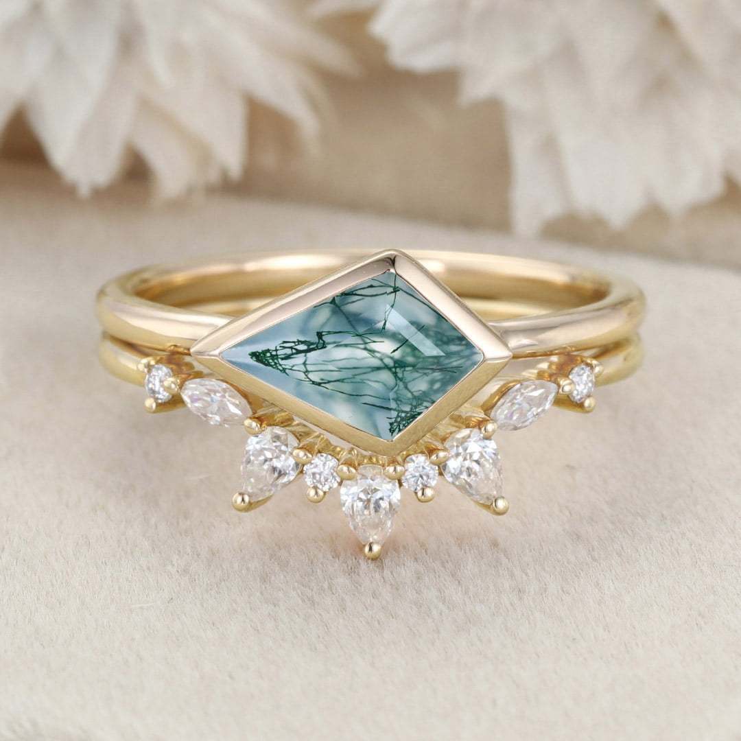 Bezel Set Kite Cut Natural Moss Agate Ring Solitaire Ring East West Bezel Engagement Ring Set Rose Gold Stacking Pear Diamond Wedding Ring Gift