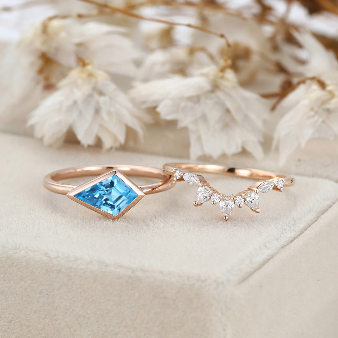 Bezel Set Kite Cut Topaz Solitaire Ring East West Bezel Engagement Ring Set 14K Rose Gold Diamond Art Deco Twisted Ring Gift