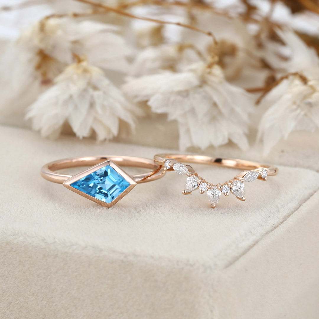Bezel Set Kite Cut Topaz Solitaire Ring East West Bezel Engagement Ring Set 14K Rose Gold Diamond Art Deco Twisted Ring Gift