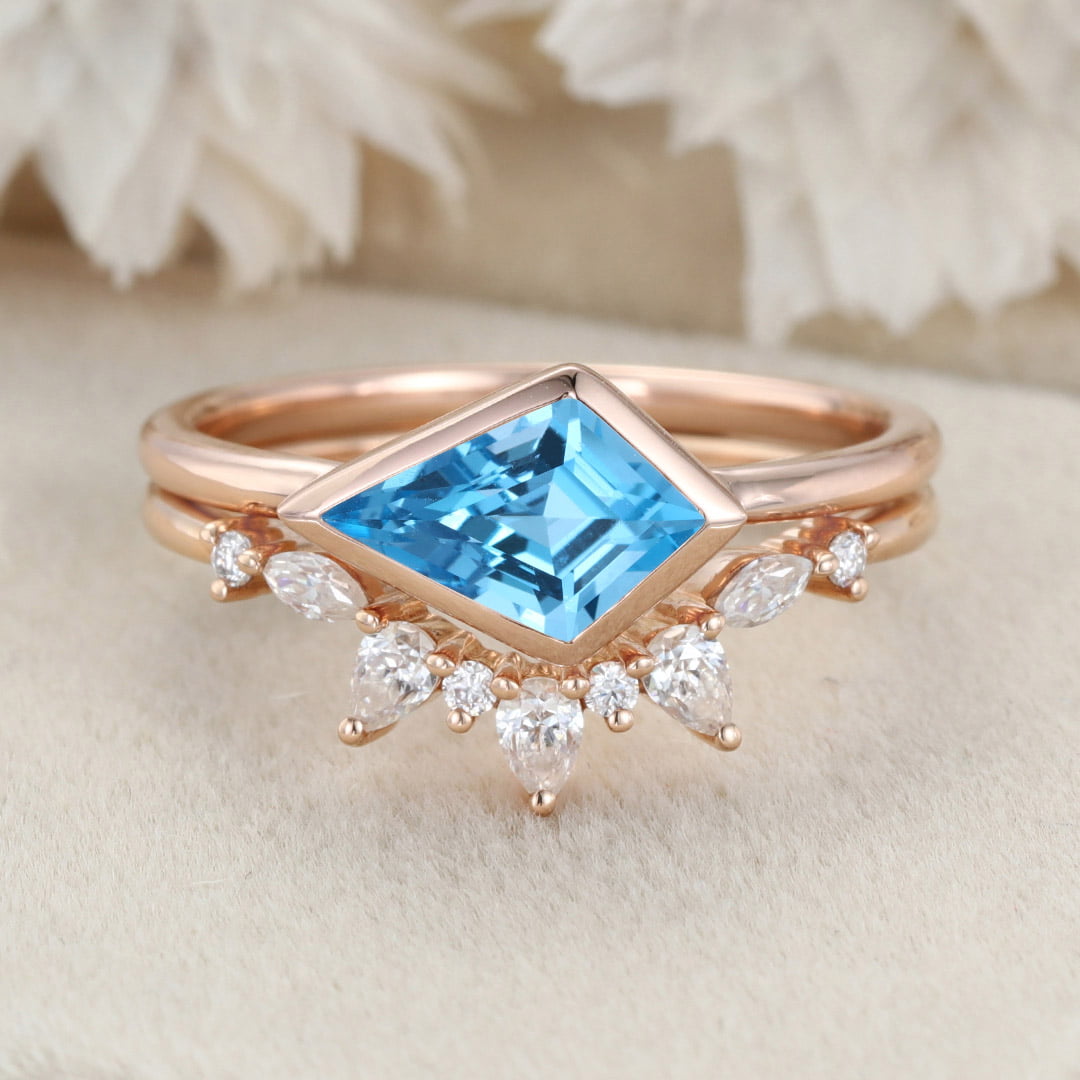 Bezel Set Kite Cut Topaz Solitaire Ring East West Bezel Engagement Ring Set 14K Rose Gold Diamond Art Deco Twisted Ring Gift