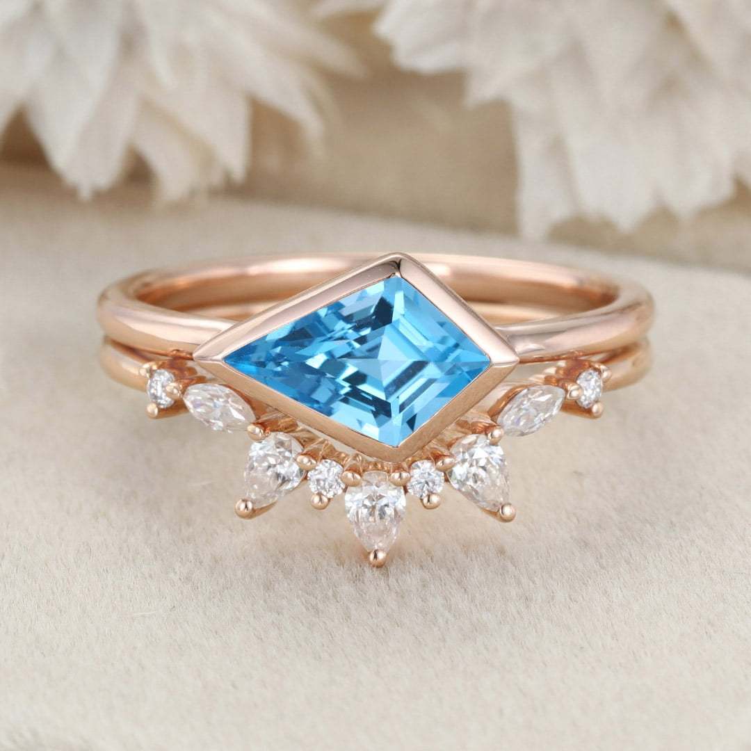 Bezel Set Kite Cut Topaz Solitaire Ring East West Bezel Engagement Ring Set 14K Rose Gold Diamond Art Deco Twisted Ring Gift
