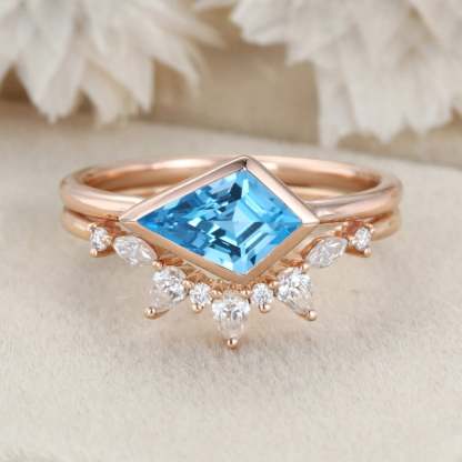 Bezel Set Kite Cut Topaz Solitaire Ring East West Bezel Engagement Ring Set 14K Rose Gold Diamond Art Deco Twisted Ring Gift