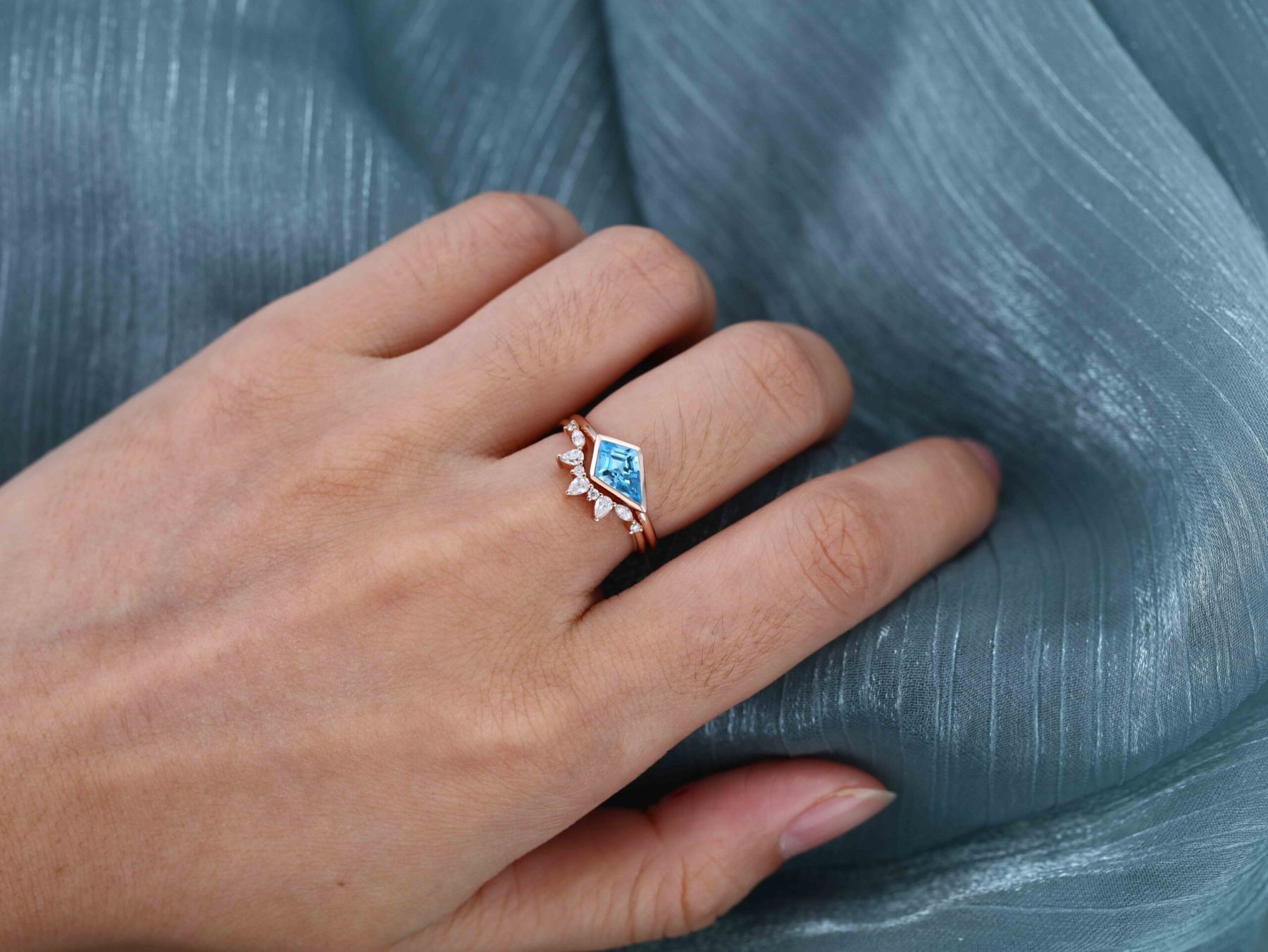 Bezel Set Kite Cut Topaz Solitaire Ring East West Bezel Engagement Ring Set 14K Rose Gold Diamond Art Deco Twisted Ring Gift