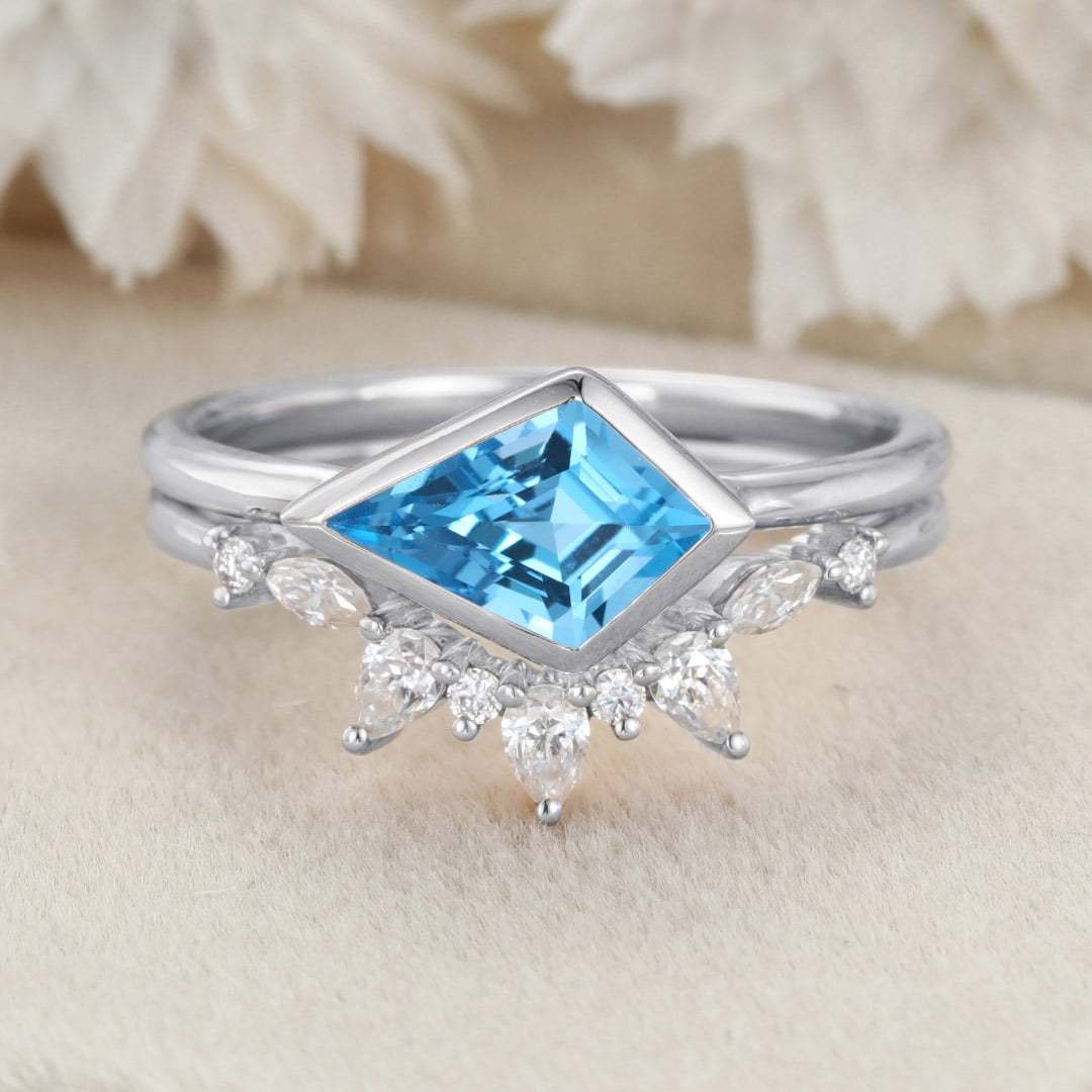 Bezel Set Kite Cut Topaz Solitaire Ring East West Bezel Engagement Ring Set 14K Rose Gold Diamond Art Deco Twisted Ring Gift