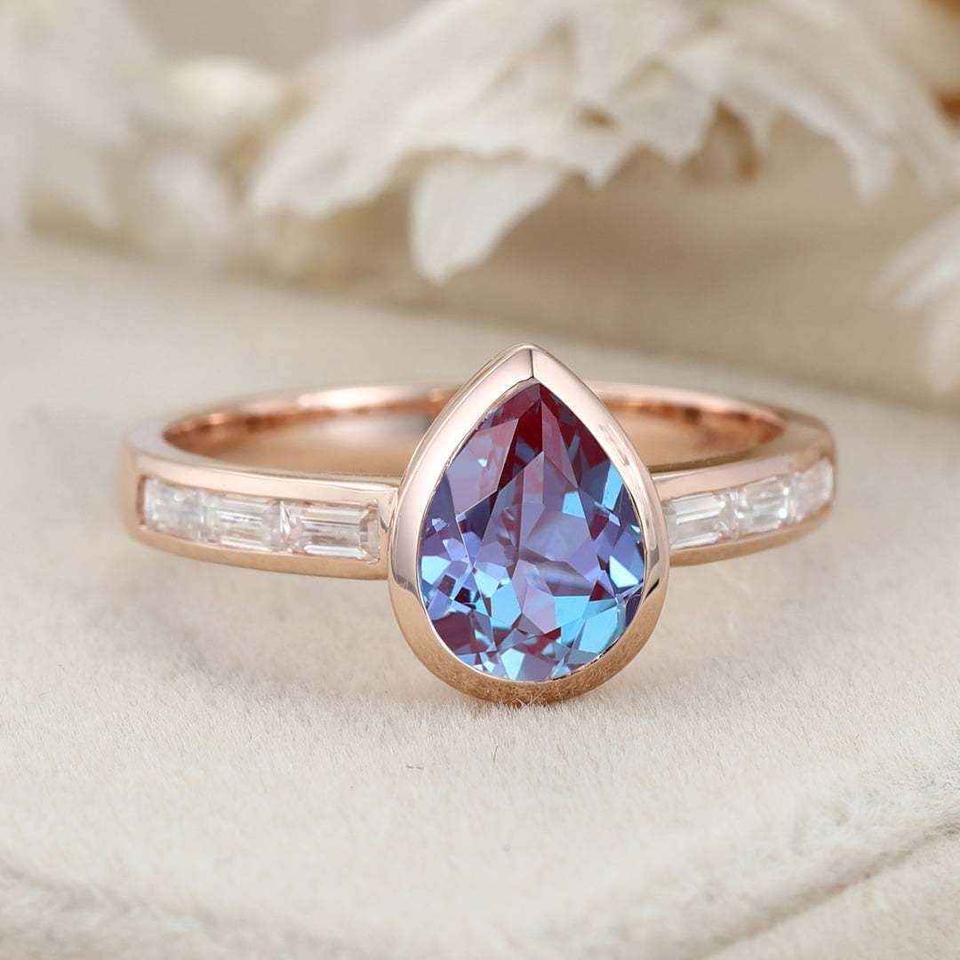 Bezel Set Lab Alexandrite Ring 8x6mm Pear Shaped Alexandrite Engagement Ring 14K Rose Gold Wedding Ring