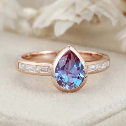Bezel Set Lab Alexandrite Ring 8x6mm Pear Shaped Alexandrite Engagement Ring 14K Rose Gold Wedding Ring