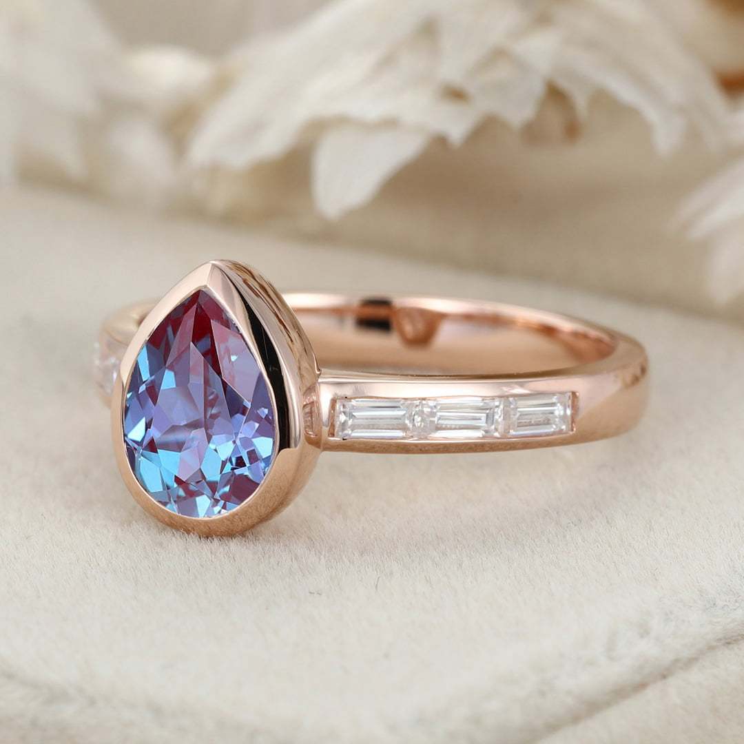 Bezel Set Lab Alexandrite Ring 8x6mm Pear Shaped Alexandrite Engagement Ring 14K Rose Gold Wedding Ring