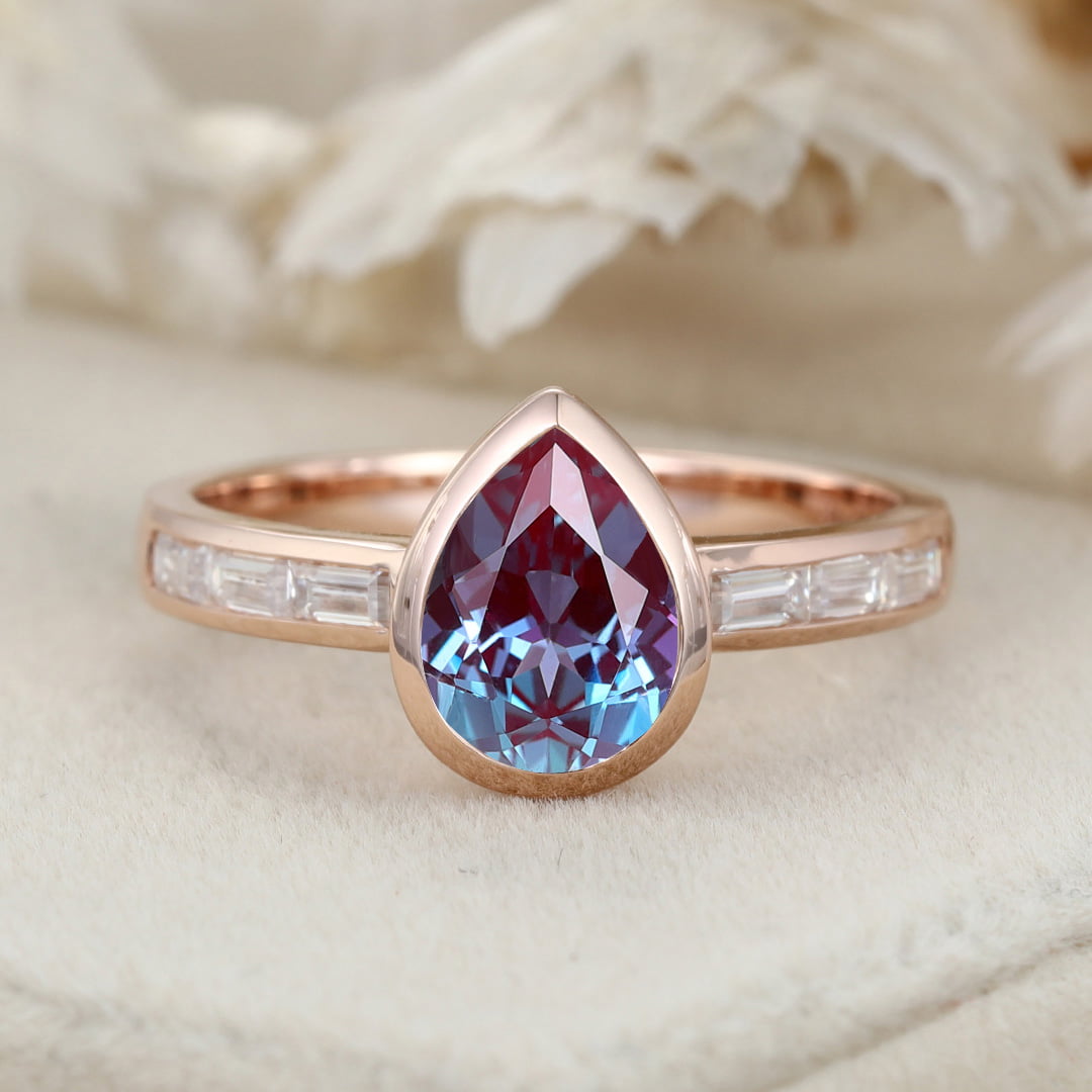 Bezel Set Lab Alexandrite Ring 8x6mm Pear Shaped Alexandrite Engagement Ring 14K Rose Gold Wedding Ring