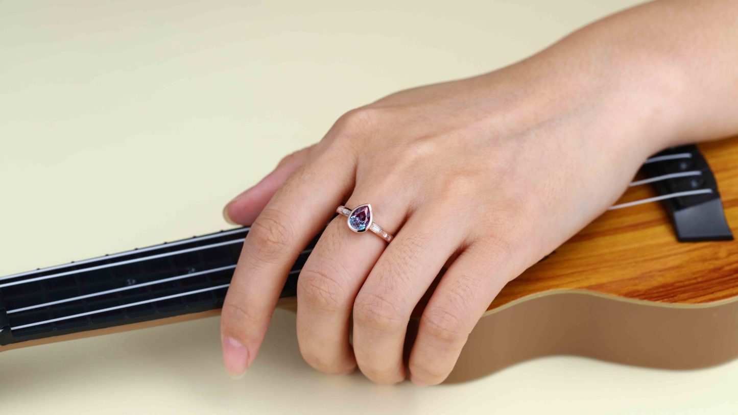 Bezel Set Lab Alexandrite Ring 8x6mm Pear Shaped Alexandrite Engagement Ring 14K Rose Gold Wedding Ring