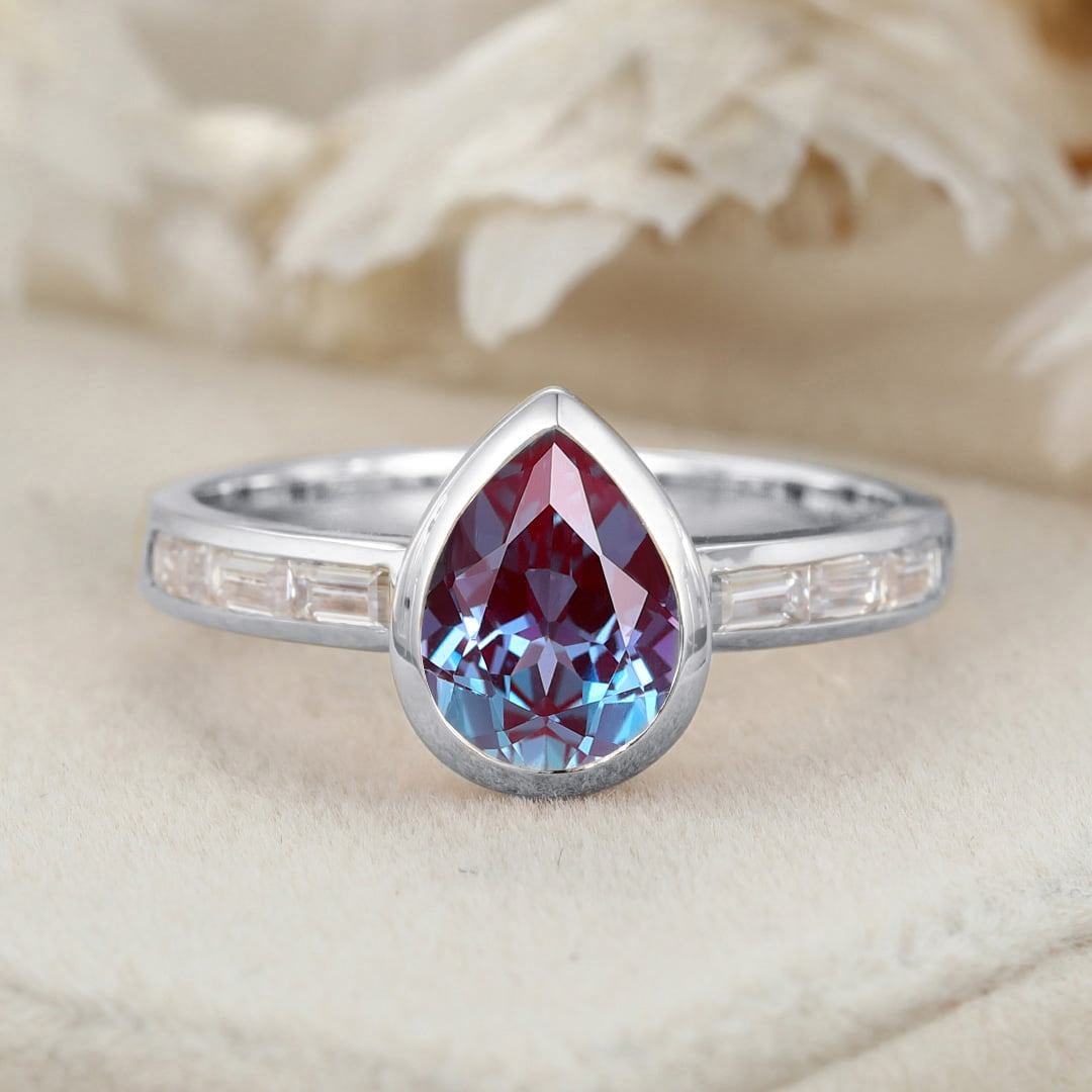 Bezel Set Lab Alexandrite Ring 8x6mm Pear Shaped Alexandrite Engagement Ring 14K Rose Gold Wedding Ring