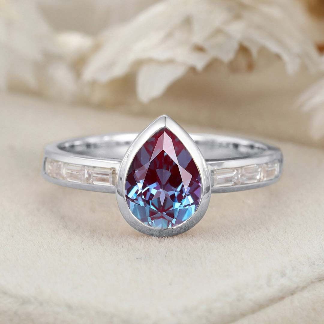 Bezel Set Lab Alexandrite Ring 8x6mm Pear Shaped Alexandrite Engagement Ring 14K Rose Gold Wedding Ring