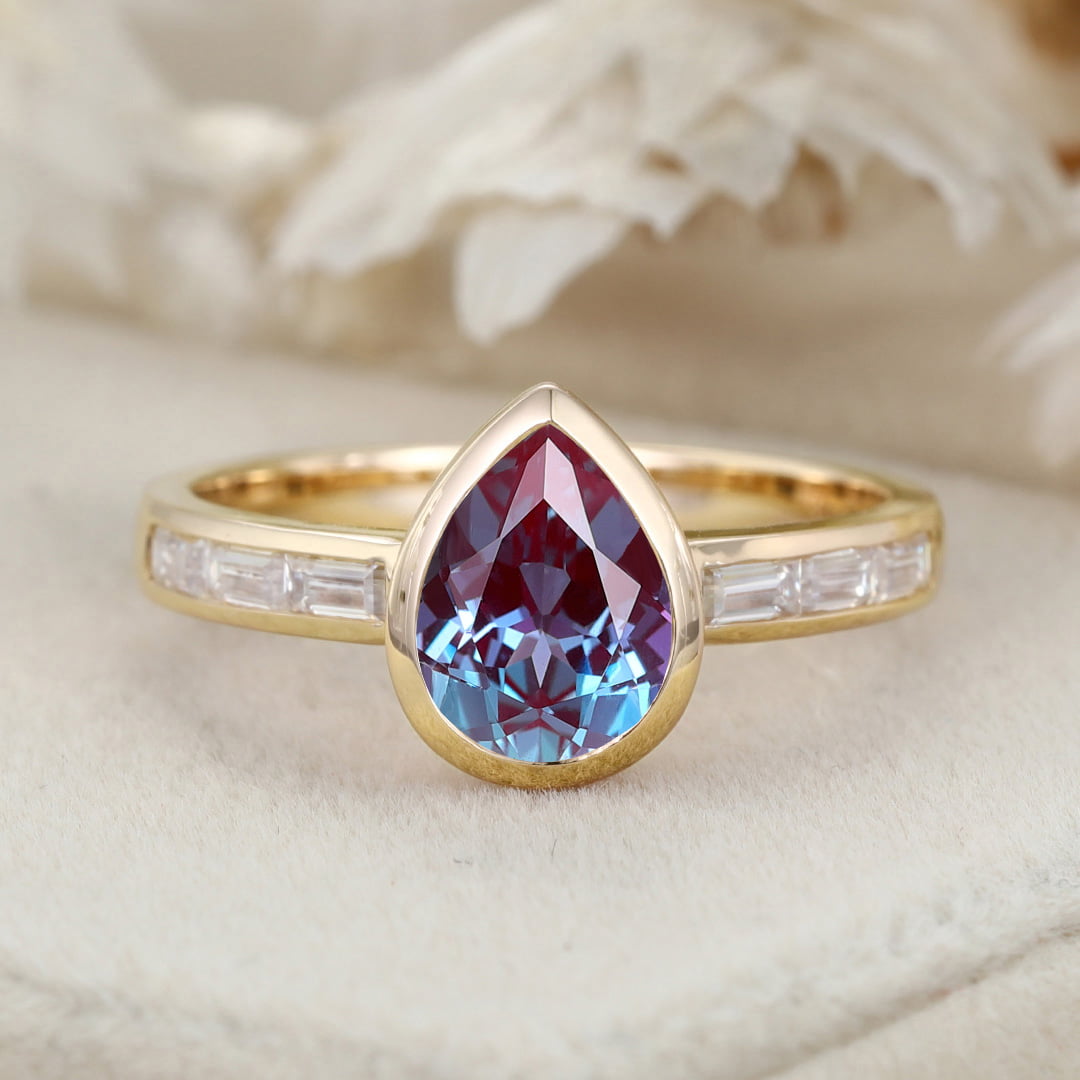 Bezel Set Lab Alexandrite Ring 8x6mm Pear Shaped Alexandrite Engagement Ring 14K Rose Gold Wedding Ring