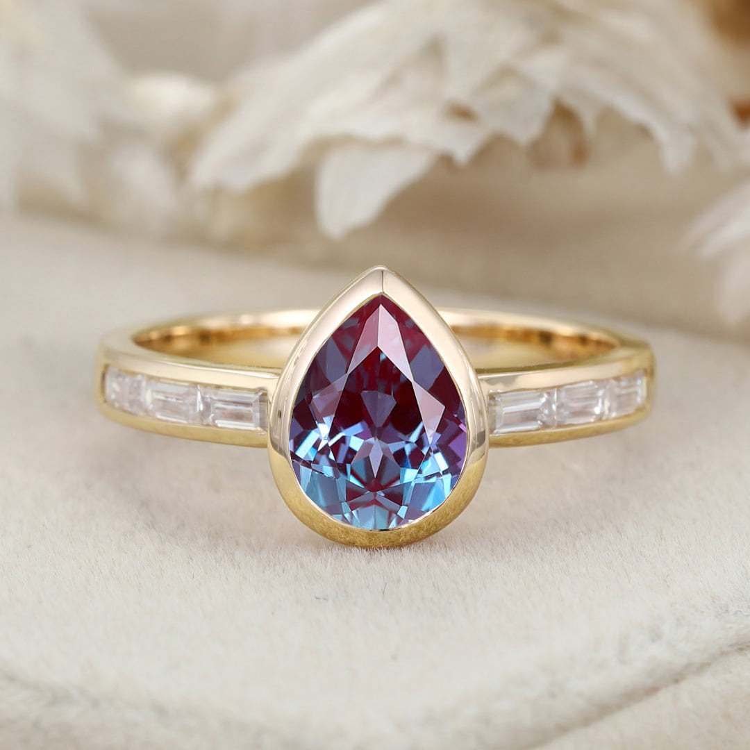 Bezel Set Lab Alexandrite Ring 8x6mm Pear Shaped Alexandrite Engagement Ring 14K Rose Gold Wedding Ring