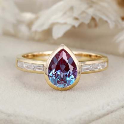 Bezel Set Lab Alexandrite Ring 8x6mm Pear Shaped Alexandrite Engagement Ring 14K Rose Gold Wedding Ring