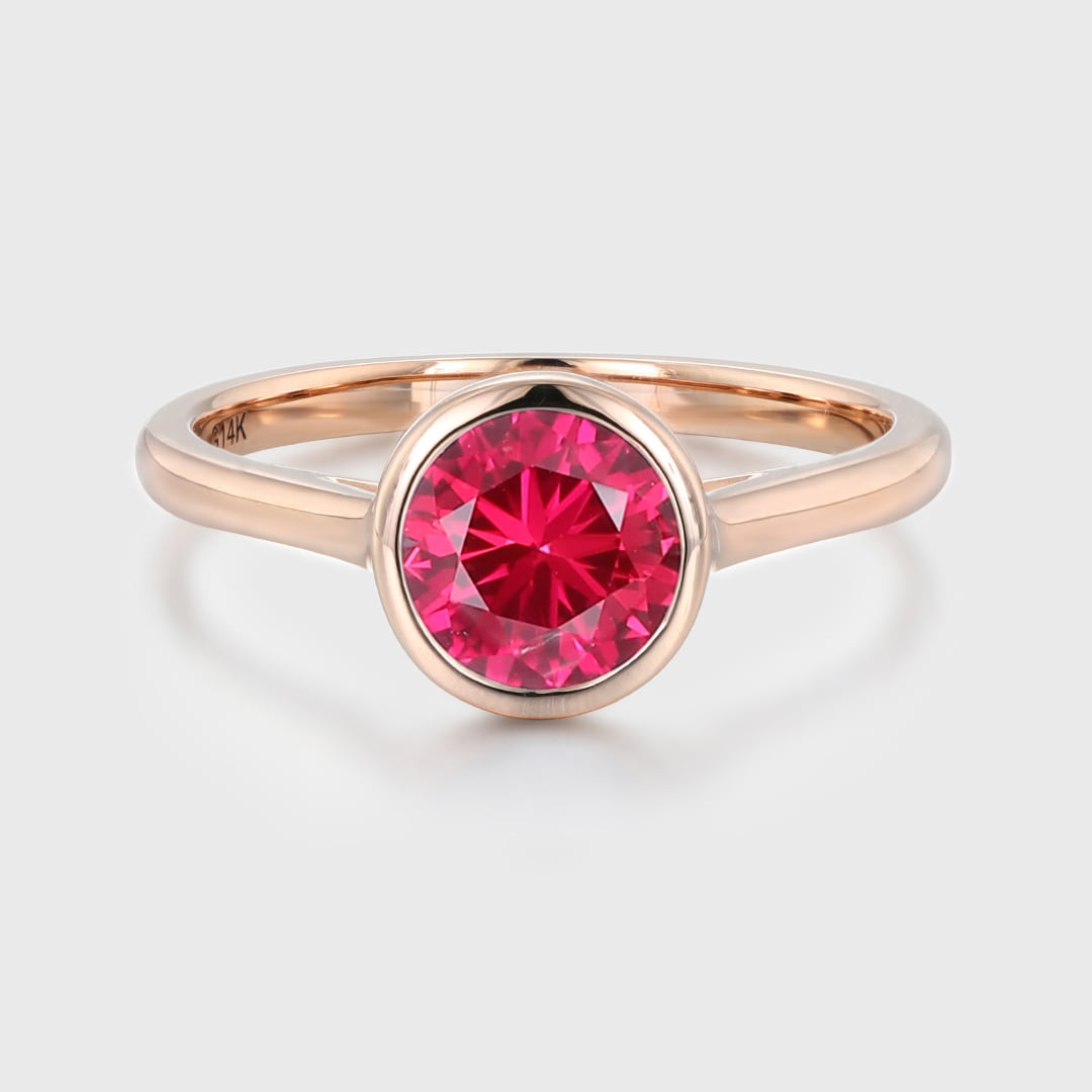 Round Cut Bezel Lab Grown Ruby Ring 14K Rose Gold Solitaire Ring Bridal Anniversary Women Gift