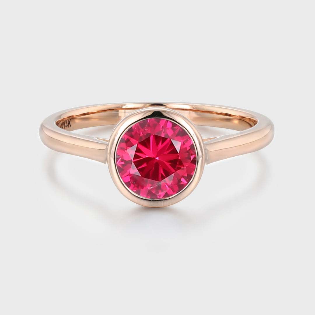Round Cut Bezel Lab Grown Ruby Ring 14K Rose Gold Solitaire Ring Bridal Anniversary Women Gift