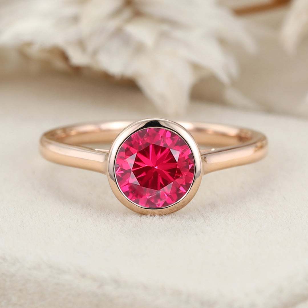 6.5mm Bezel Ruby Ring 14K Rose Gold ring Lab Ruby Solitaire Ring Bridal Anniversary Women Gift