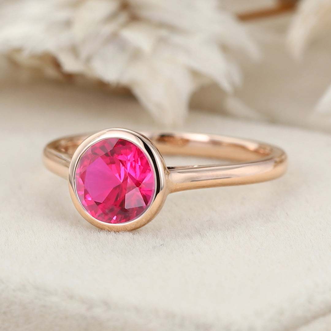 6.5mm Bezel Ruby Ring 14K Rose Gold ring Lab Ruby Solitaire Ring Bridal Anniversary Women Gift