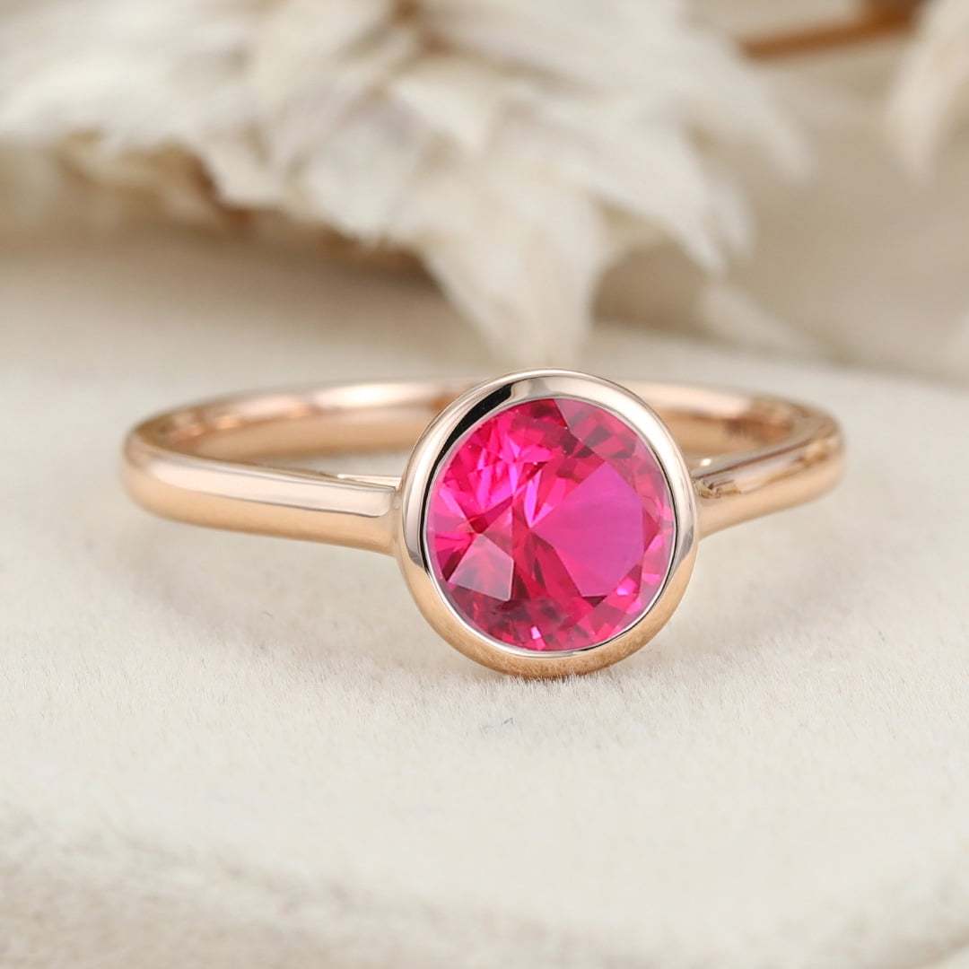 6.5mm Bezel Ruby Ring 14K Rose Gold ring Lab Ruby Solitaire Ring Bridal Anniversary Women Gift