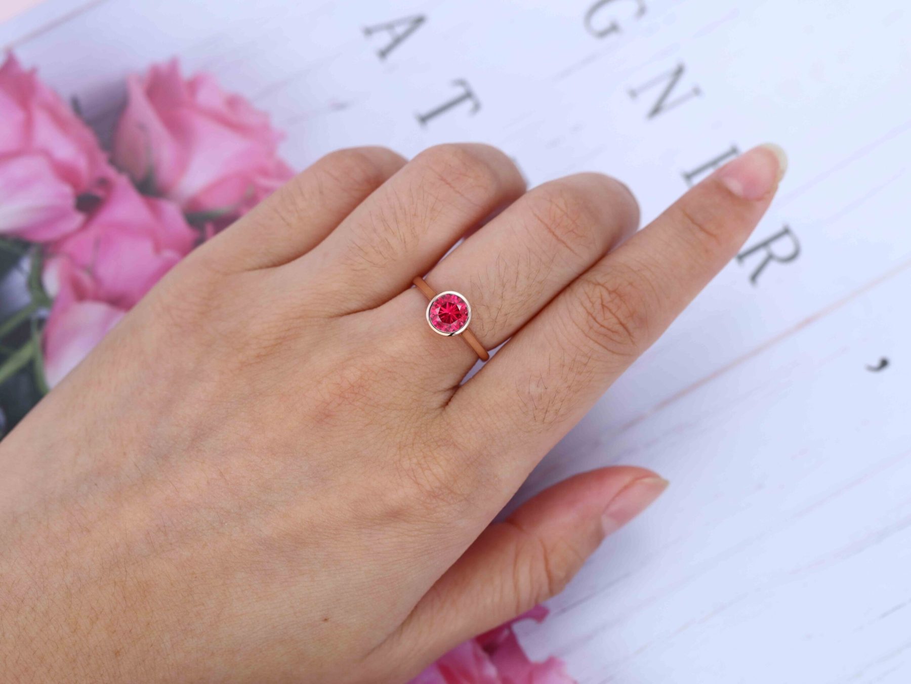 6.5mm Bezel Ruby Ring 14K Rose Gold ring Lab Ruby Solitaire Ring Bridal Anniversary Women Gift