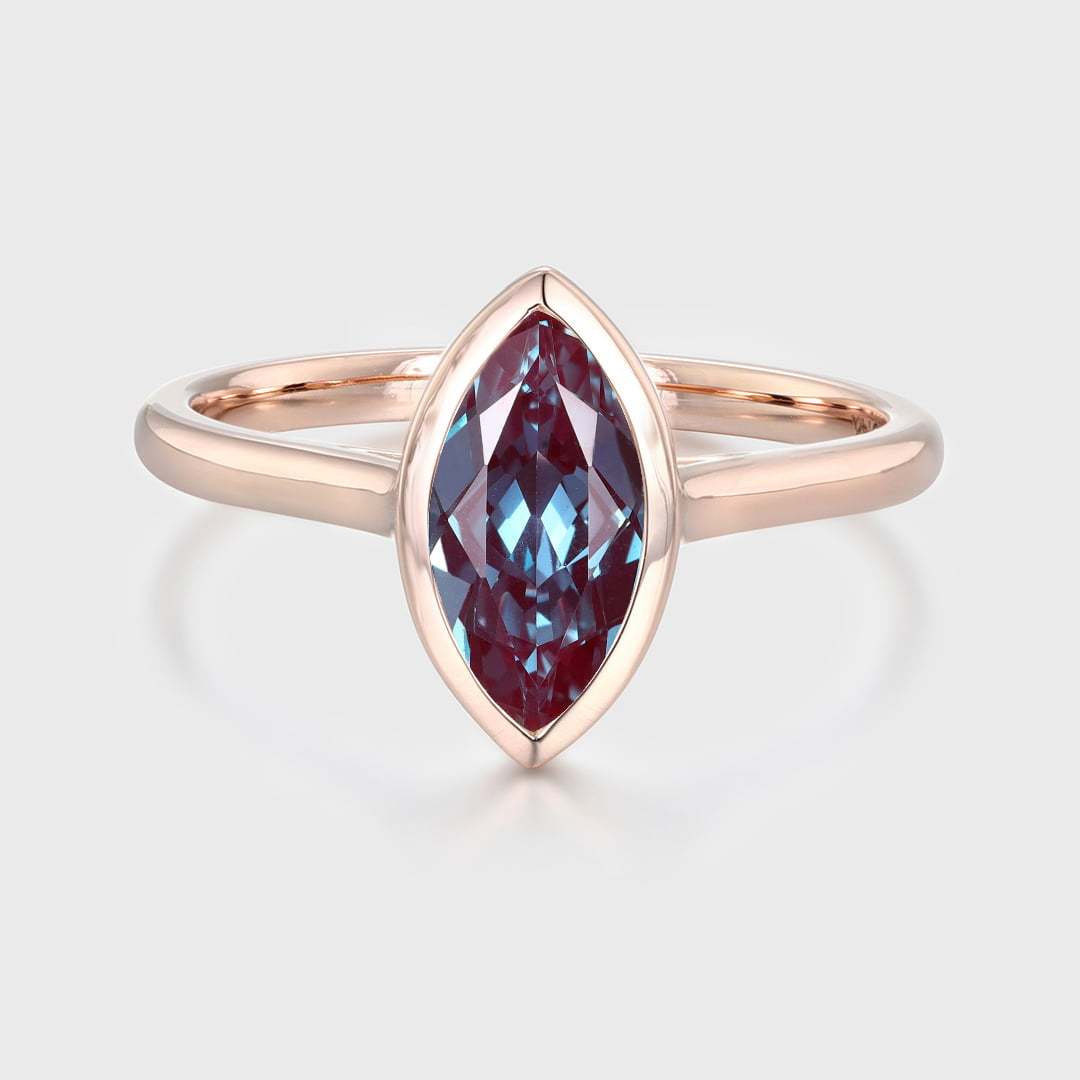 Marquise Cut 1Carat Lab Alexandrite Bezel Ring 14K Rose Gold Solitaire Engagement Ring Promise Anniversary Gift