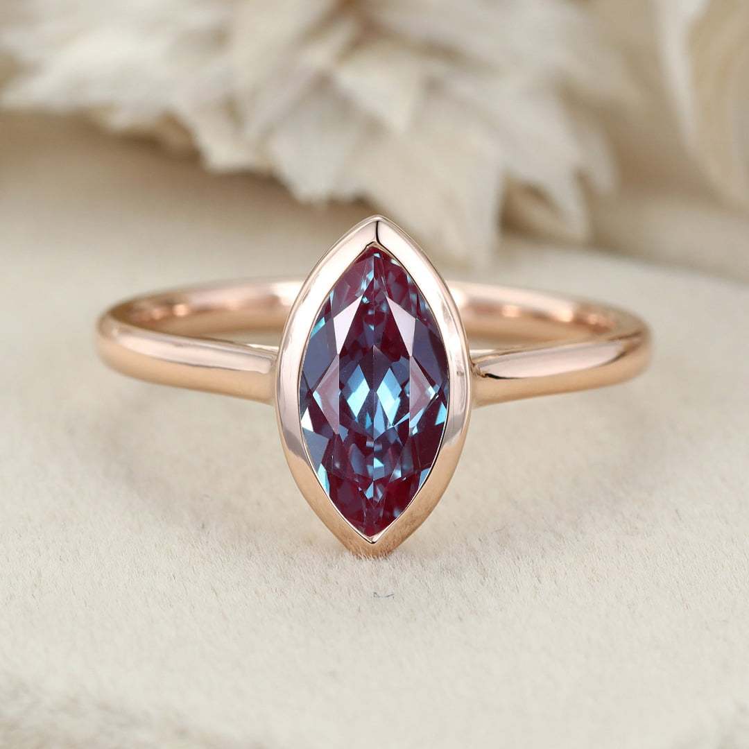 Marquise Cut 1Carat Lab Alexandrite Bezel Ring 14K Rose Gold Solitaire Engagement Ring Promise Anniversary Gift