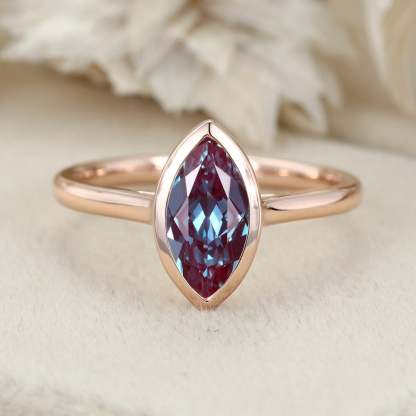 Marquise Cut 1Carat Lab Alexandrite Bezel Ring 14K Rose Gold Solitaire Engagement Ring Promise Anniversary Gift