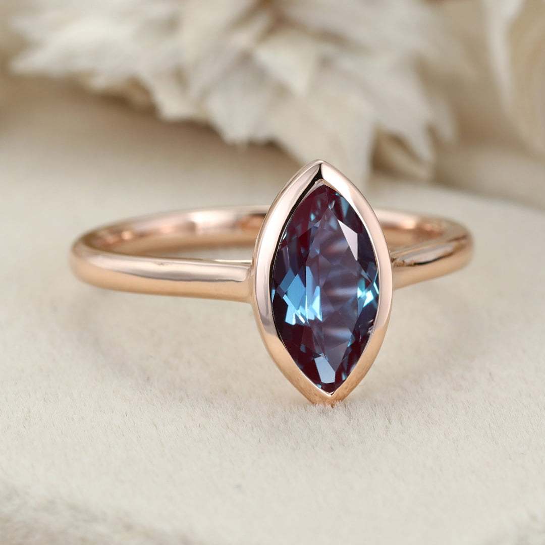 Bezel Set Marquise Ring 1.0ct Lab Alexandrte Ring Solitaire Ring 14K Rose Gold Bezel Set Engagement Ring Promise Anniversary Gift