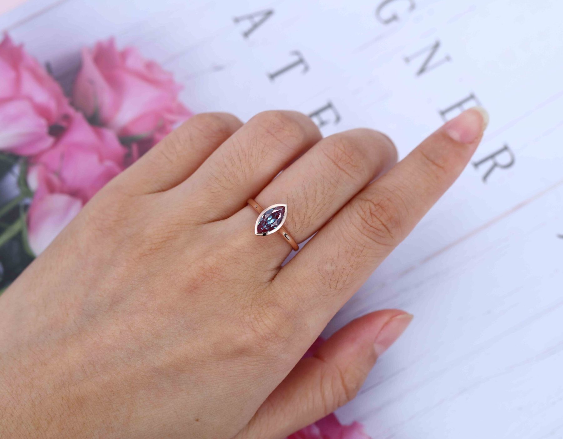 Bezel Set Marquise Ring 1.0ct Lab Alexandrte Ring Solitaire Ring 14K Rose Gold Bezel Set Engagement Ring Promise Anniversary Gift