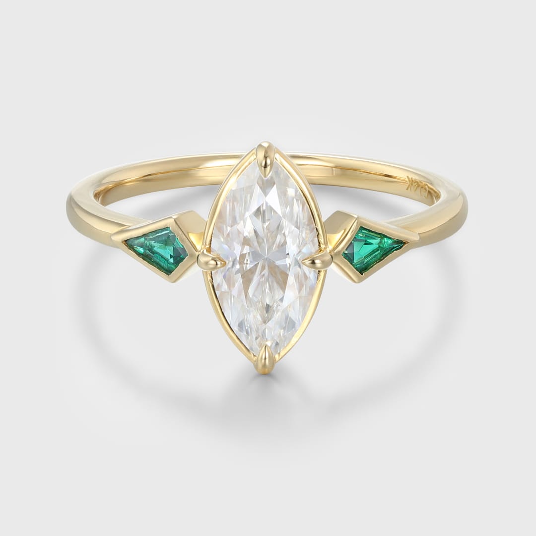 Bezel Set Moissanite Engagement Ring Marquise Cut Moissanite Engagement Ring 14K Solid Gold Lab Emerald Side Stone Ring Wedding Ring