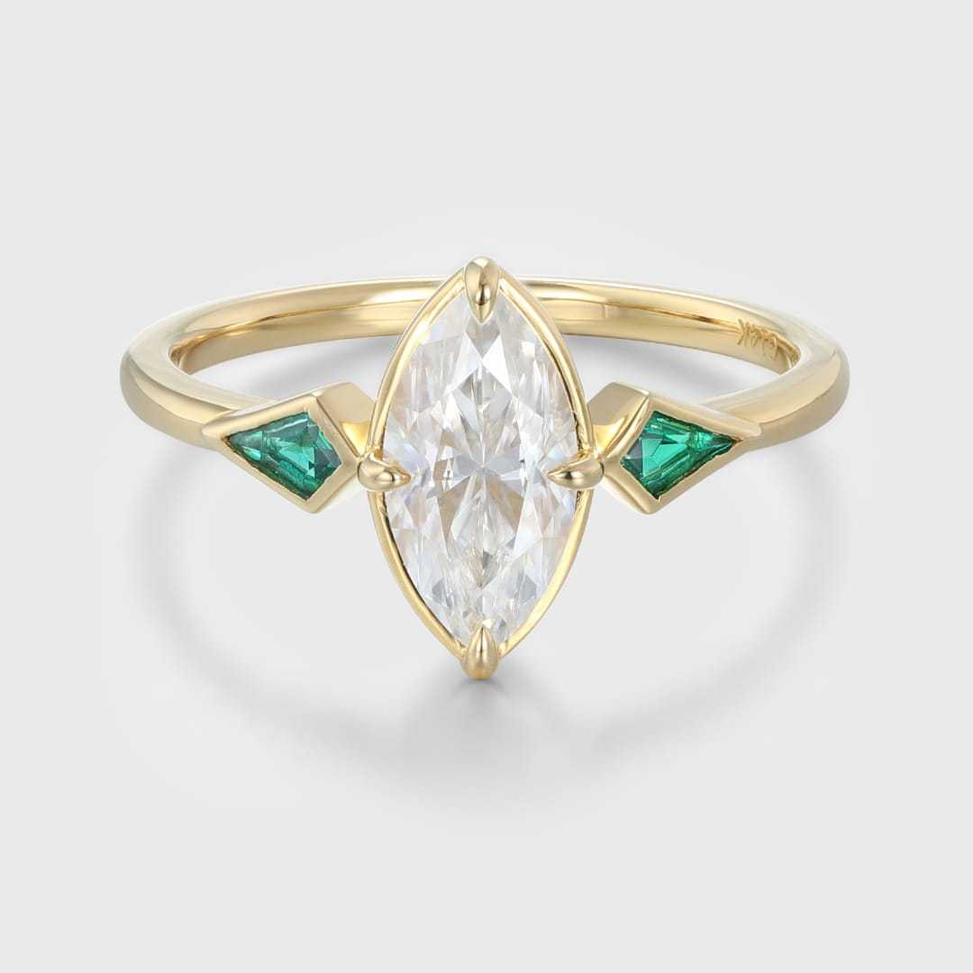 Bezel Set Moissanite Engagement Ring Marquise Cut Moissanite Engagement Ring 14K Solid Gold Lab Emerald Side Stone Ring Wedding Ring