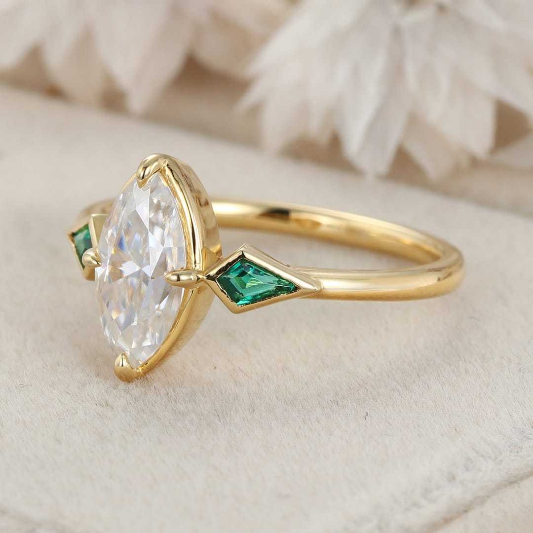 Bezel Set Moissanite Engagement Ring Marquise Cut Moissanite Engagement Ring 14K Solid Gold Lab Emerald Side Stone Ring Wedding Ring