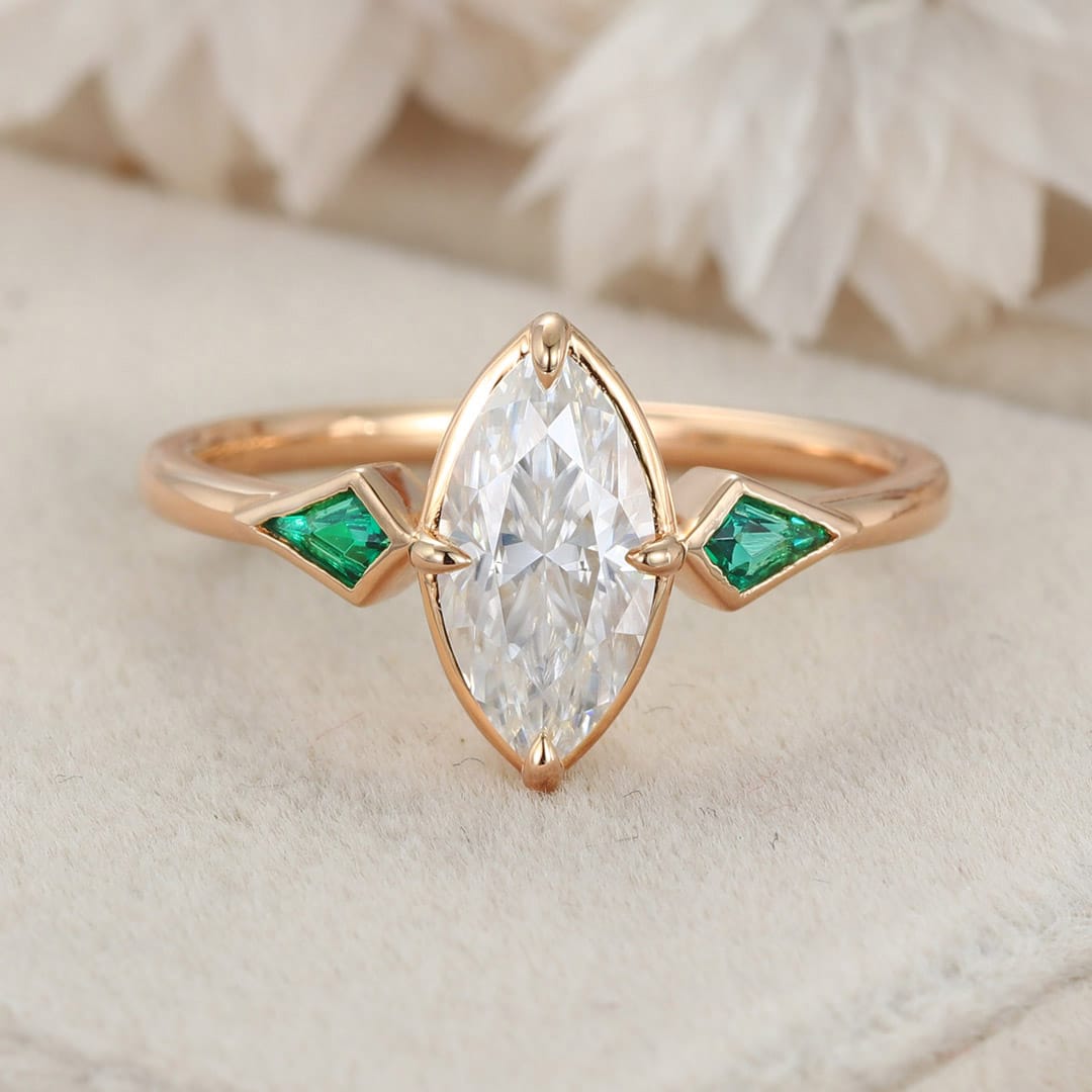 Bezel-Set Carat Marquise Moissanite Emerald Three Stone