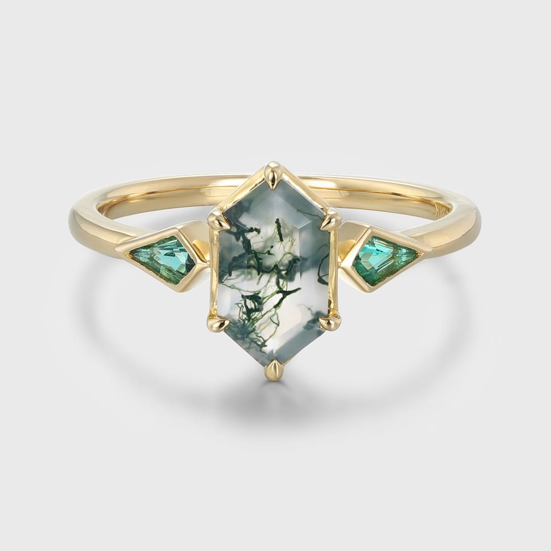 Bezel Set Moss Agate Engagement Ring 14K Solid Gold Hexagon Cut Engagement Ring Lab Emerald Side Stone Ring Delicate Wedding Ring