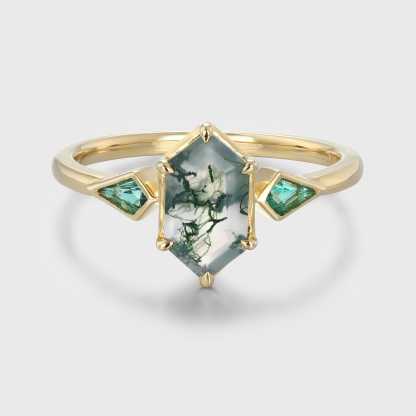 Bezel Set Moss Agate Engagement Ring 14K Solid Gold Hexagon Cut Engagement Ring Lab Emerald Side Stone Ring Delicate Wedding Ring