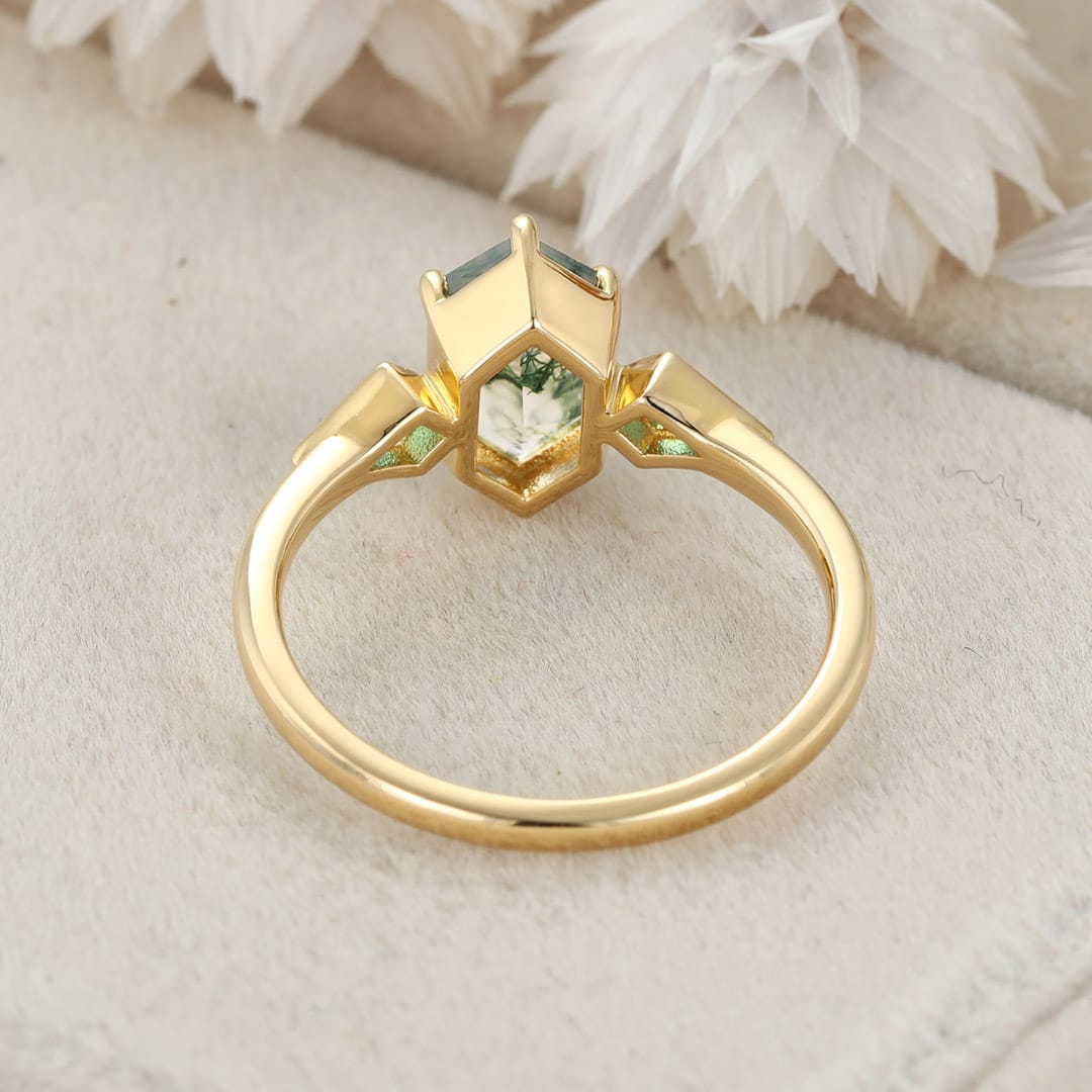 Bezel Set Moss Agate Engagement Ring 14K Solid Gold Hexagon Cut Engagement Ring Lab Emerald Side Stone Ring Delicate Wedding Ring