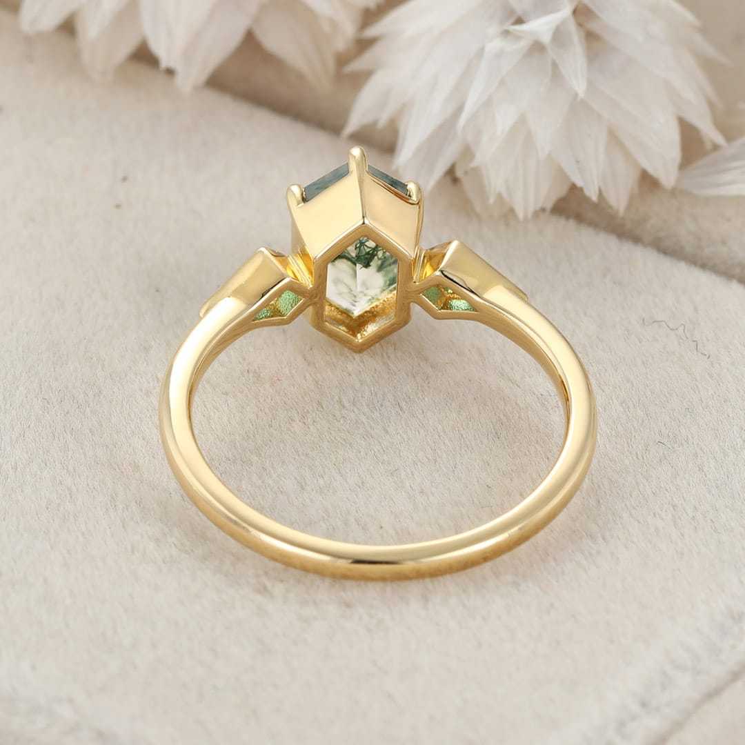 Bezel Set Moss Agate Engagement Ring 14K Solid Gold Hexagon Cut Engagement Ring Lab Emerald Side Stone Ring Delicate Wedding Ring