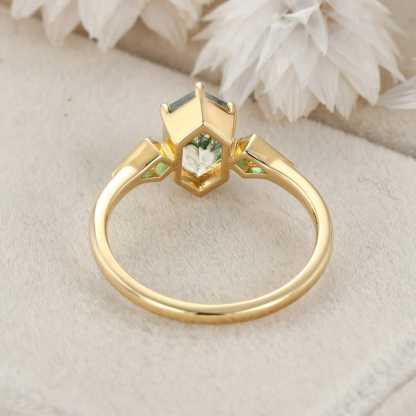 Bezel Set Moss Agate Engagement Ring 14K Solid Gold Hexagon Cut Engagement Ring Lab Emerald Side Stone Ring Delicate Wedding Ring
