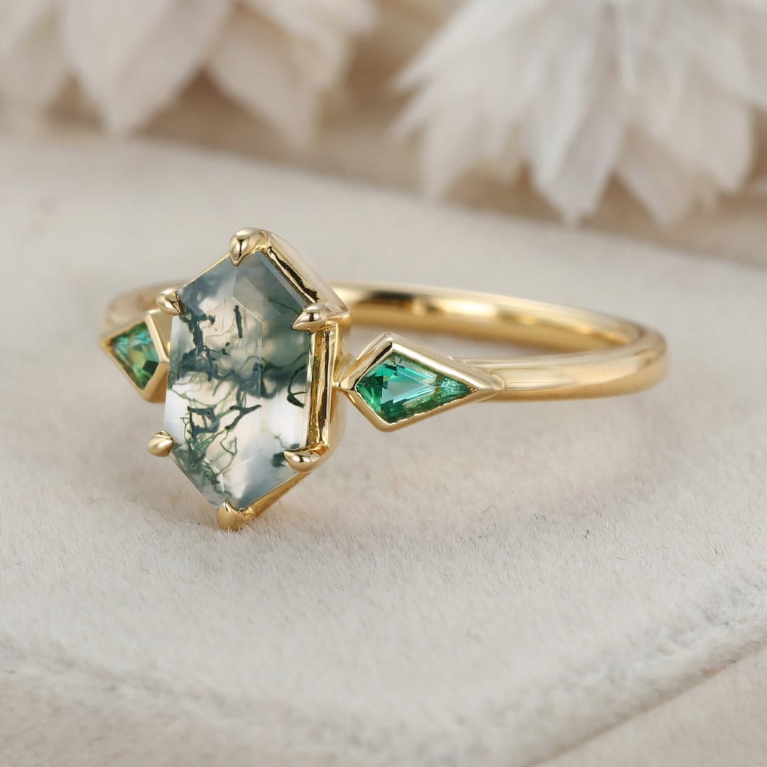 Bezel Set Moss Agate Engagement Ring 14K Solid Gold Hexagon Cut Engagement Ring Lab Emerald Side Stone Ring Delicate Wedding Ring