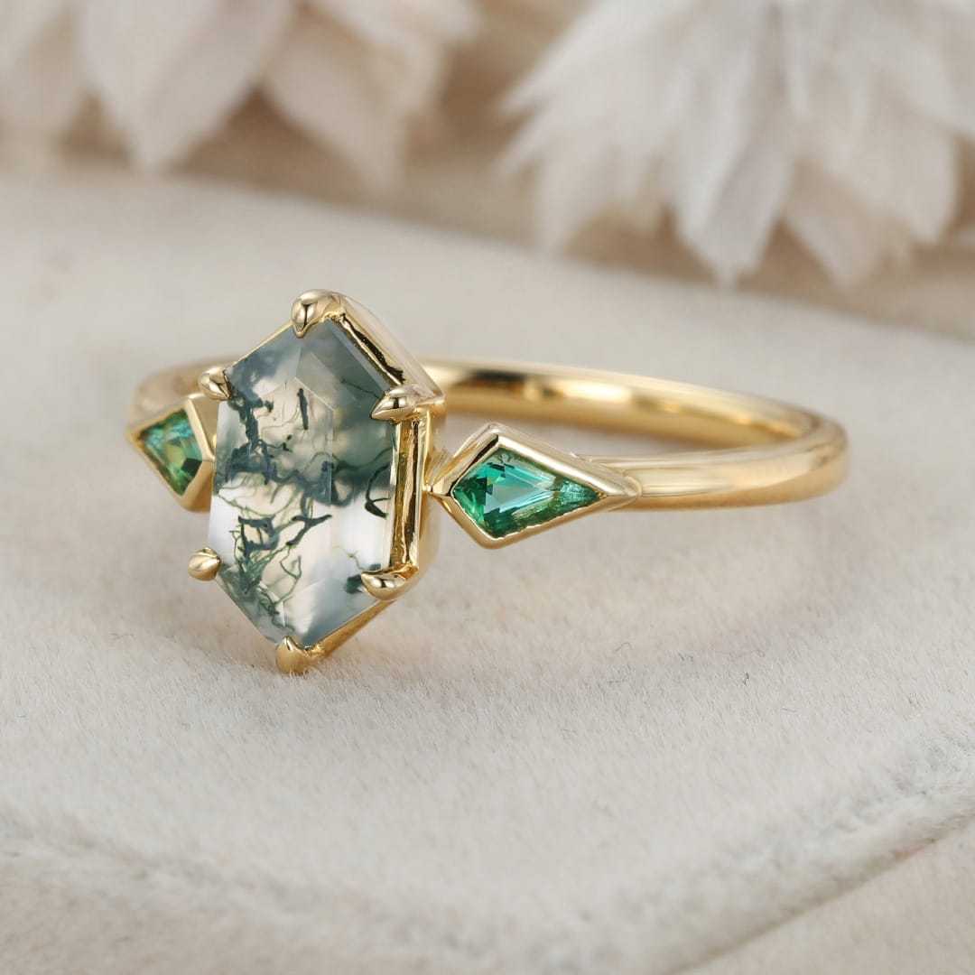 Bezel Set Moss Agate Engagement Ring 14K Solid Gold Hexagon Cut Engagement Ring Lab Emerald Side Stone Ring Delicate Wedding Ring