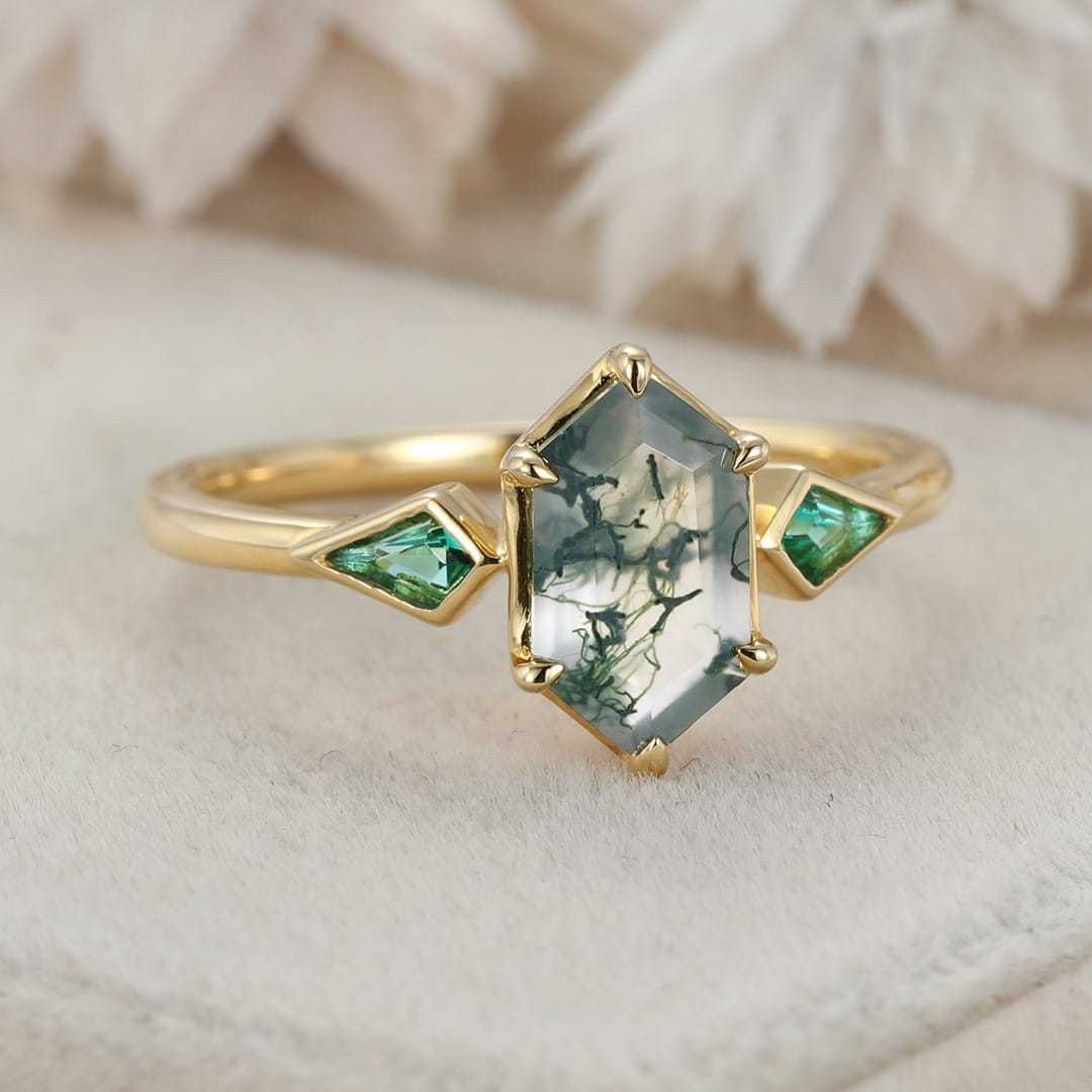 Bezel Set Moss Agate Engagement Ring 14K Solid Gold Hexagon Cut Engagement Ring Lab Emerald Side Stone Ring Delicate Wedding Ring