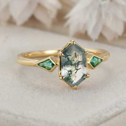 Bezel Set Moss Agate Engagement Ring 14K Solid Gold Hexagon Cut Engagement Ring Lab Emerald Side Stone Ring Delicate Wedding Ring