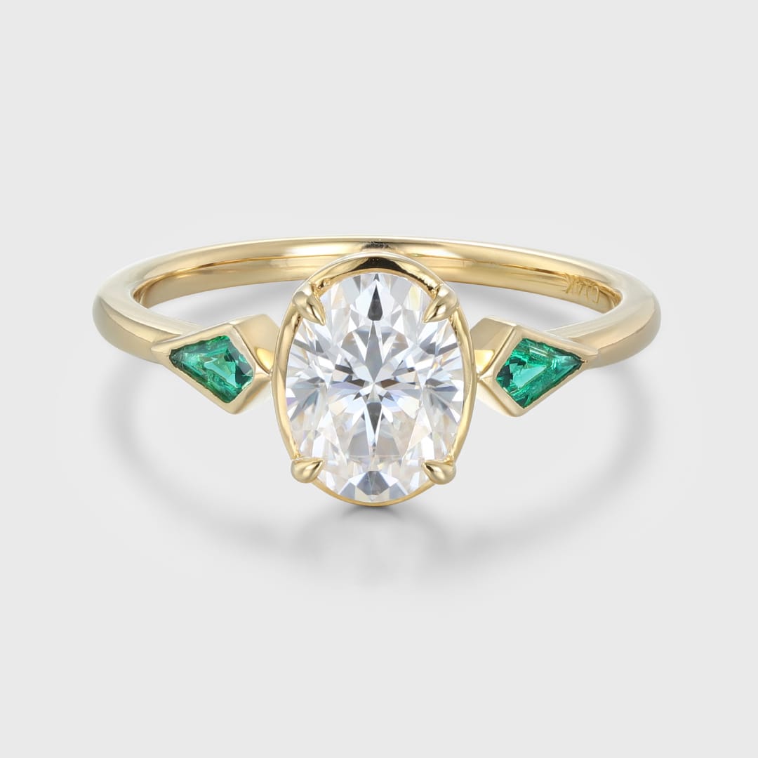 Bezel Set Oval Cut Moissanite Engagement Ring Unique 14K Yellow Gold Lab Emerald Side Stone Ring Delicate Wedding Ring