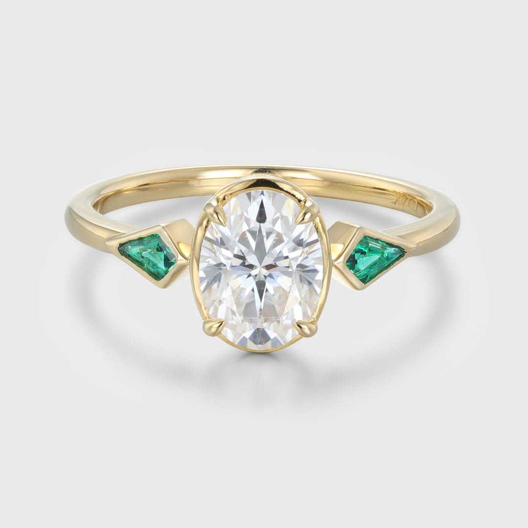 Bezel Set Oval Cut Moissanite Engagement Ring Unique 14K Yellow Gold Lab Emerald Side Stone Ring Delicate Wedding Ring