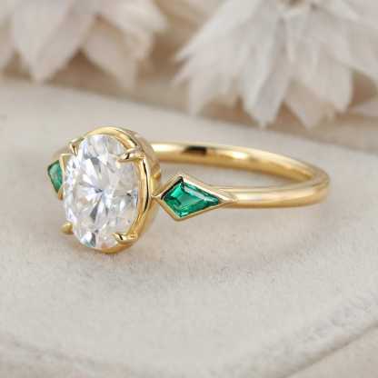 Bezel Set Oval Cut Moissanite Engagement Ring Unique 14K Yellow Gold Lab Emerald Side Stone Ring Delicate Wedding Ring