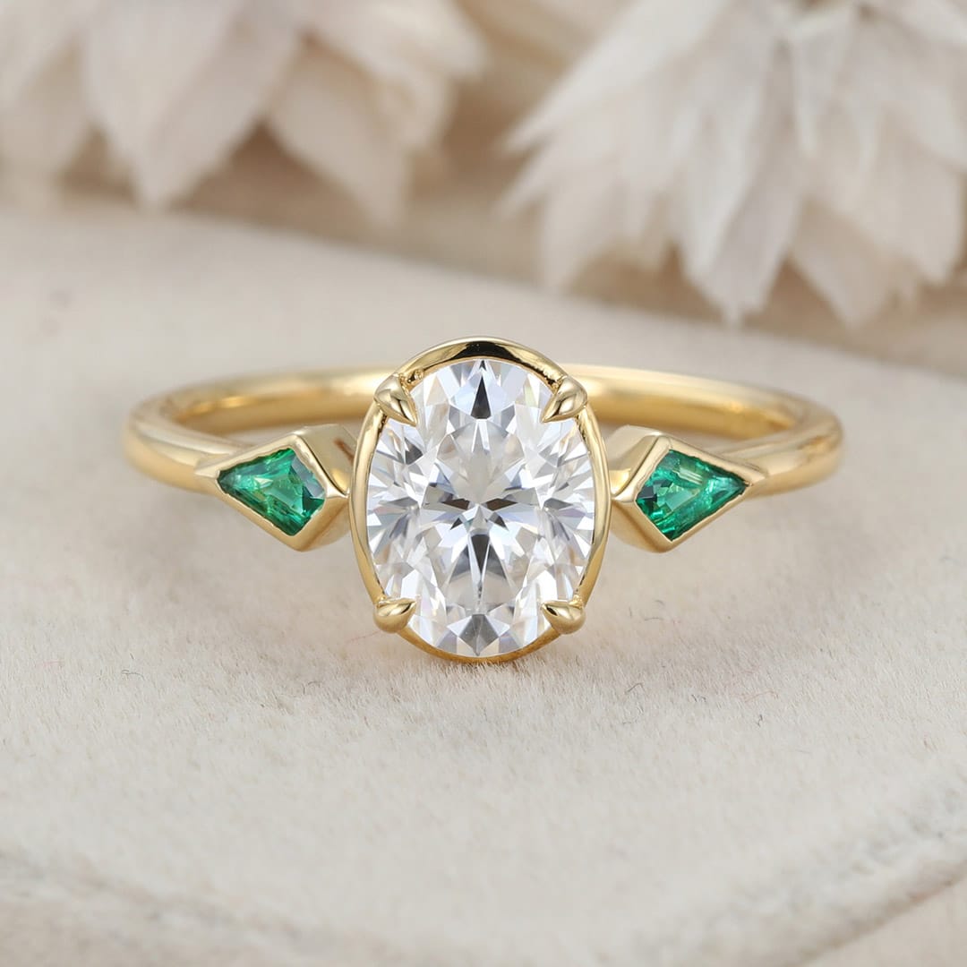 Bezel Set Oval Cut Moissanite Engagement Ring Unique 14K Yellow Gold Lab Emerald Side Stone Ring Delicate Wedding Ring