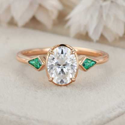 Bezel Set Oval Cut Moissanite Engagement Ring Unique 14K Yellow Gold Lab Emerald Side Stone Ring Delicate Wedding Ring